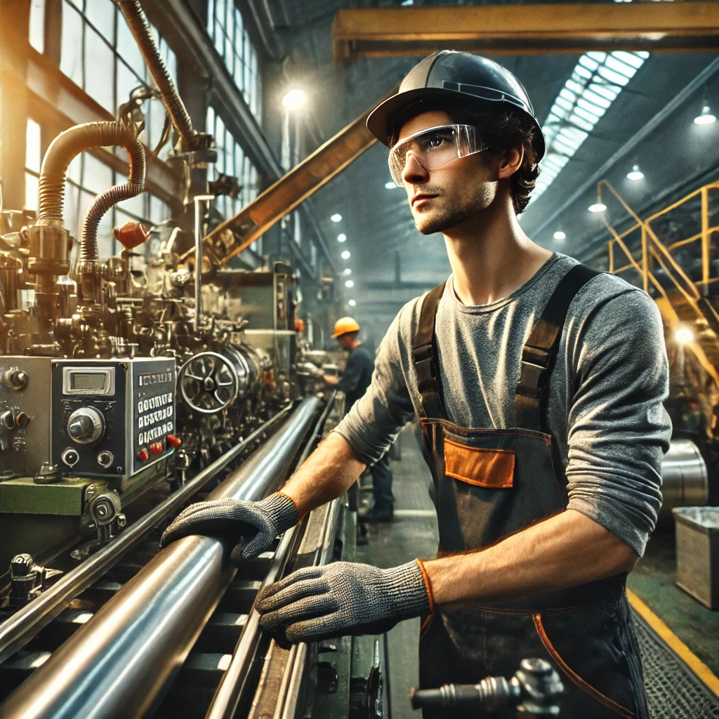 Travailleur d'usine en action, représentant le recrutement de travailleurs roumains pour renforcer la productivité industrielle.