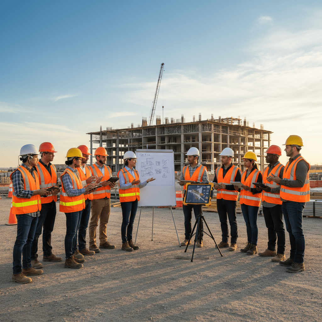 Briefing de sécurité sur un chantier avec des travailleurs divers.