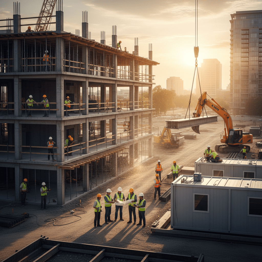 Ouvriers spécialisés sur un grand chantier de construction international.