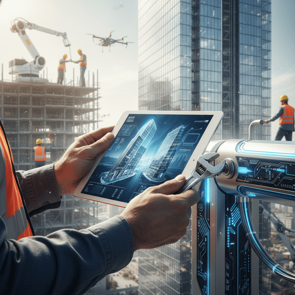 Mains d'un ouvrier travaillant sur un chantier high-tech.